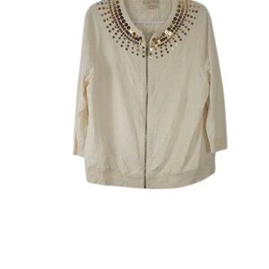 MICHAEL Michael Kors Womens Full Zip Cardigan Sweater Cream Gold Sequins Plus 1X